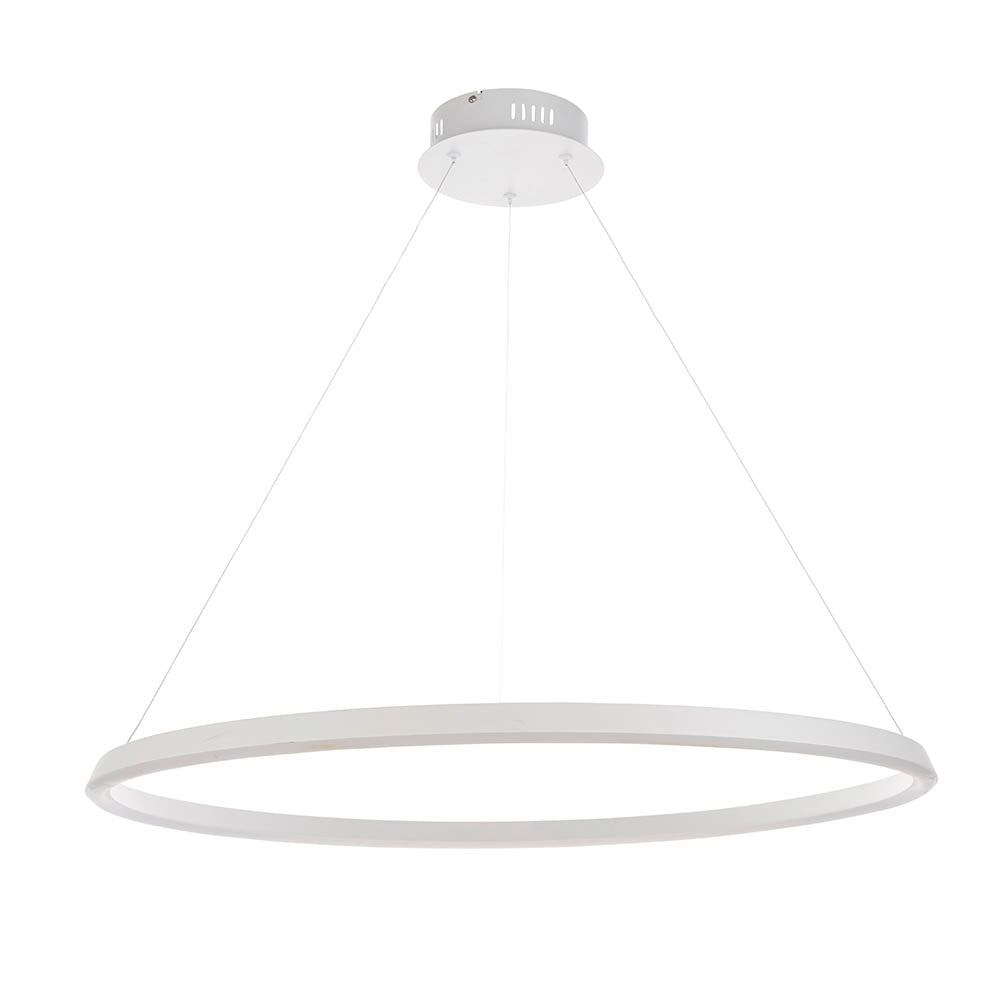 Endon Cliffton LED pendant in white, a slim large-diameter ring suspended from fine wire cables with a compact ceiling plate, on a white background.