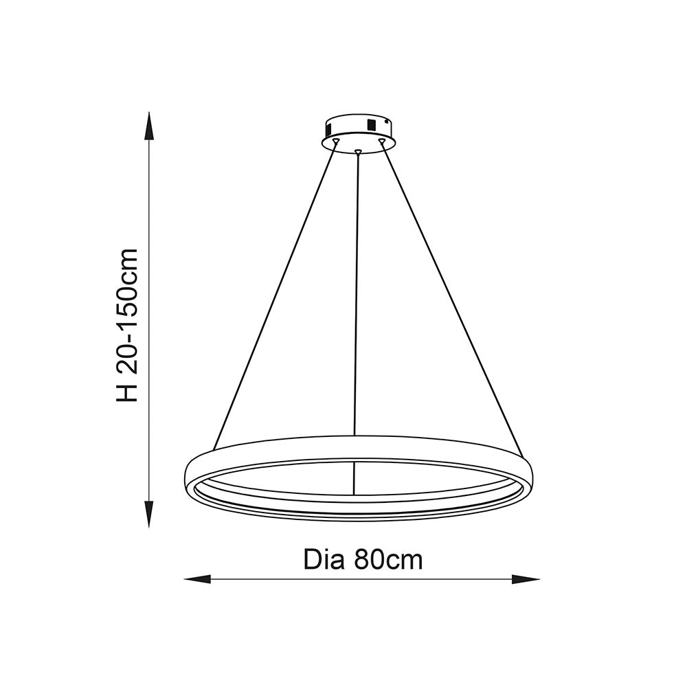 Dimensions diagram of Endon Cliffton LED pendant showing 800mm diameter ring and adjustable 20–150cm drop from a round ceiling plate.