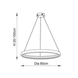 Dimensions diagram of Endon Cliffton LED pendant showing 800mm diameter ring and adjustable 20–150cm drop from a round ceiling plate.