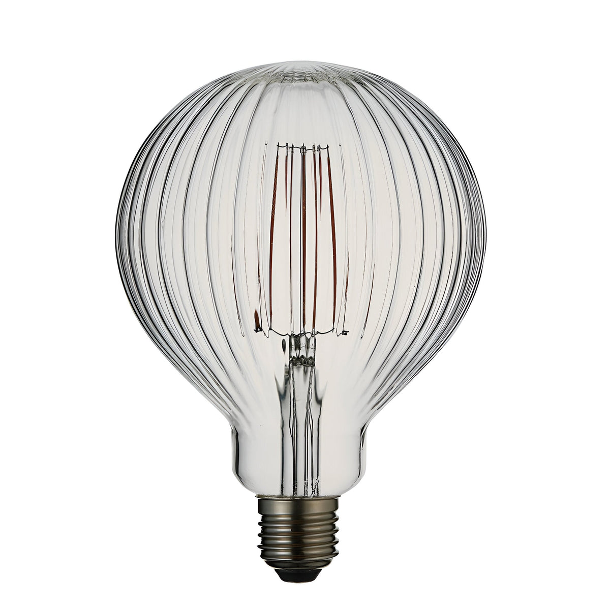 4W E27 LED filament bulb with ribbed clear glass globe, visible warm white filament strands and E27 screw cap, shown on a plain white background.