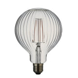 4W E27 LED filament bulb with ribbed clear glass globe, visible warm white filament strands and E27 screw cap, shown on a plain white background.
