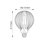 Line drawing of a G125 ribbed globe LED filament bulb with clear glass, E27 screw cap, showing 12.5cm diameter and 17.5cm height dimensions.