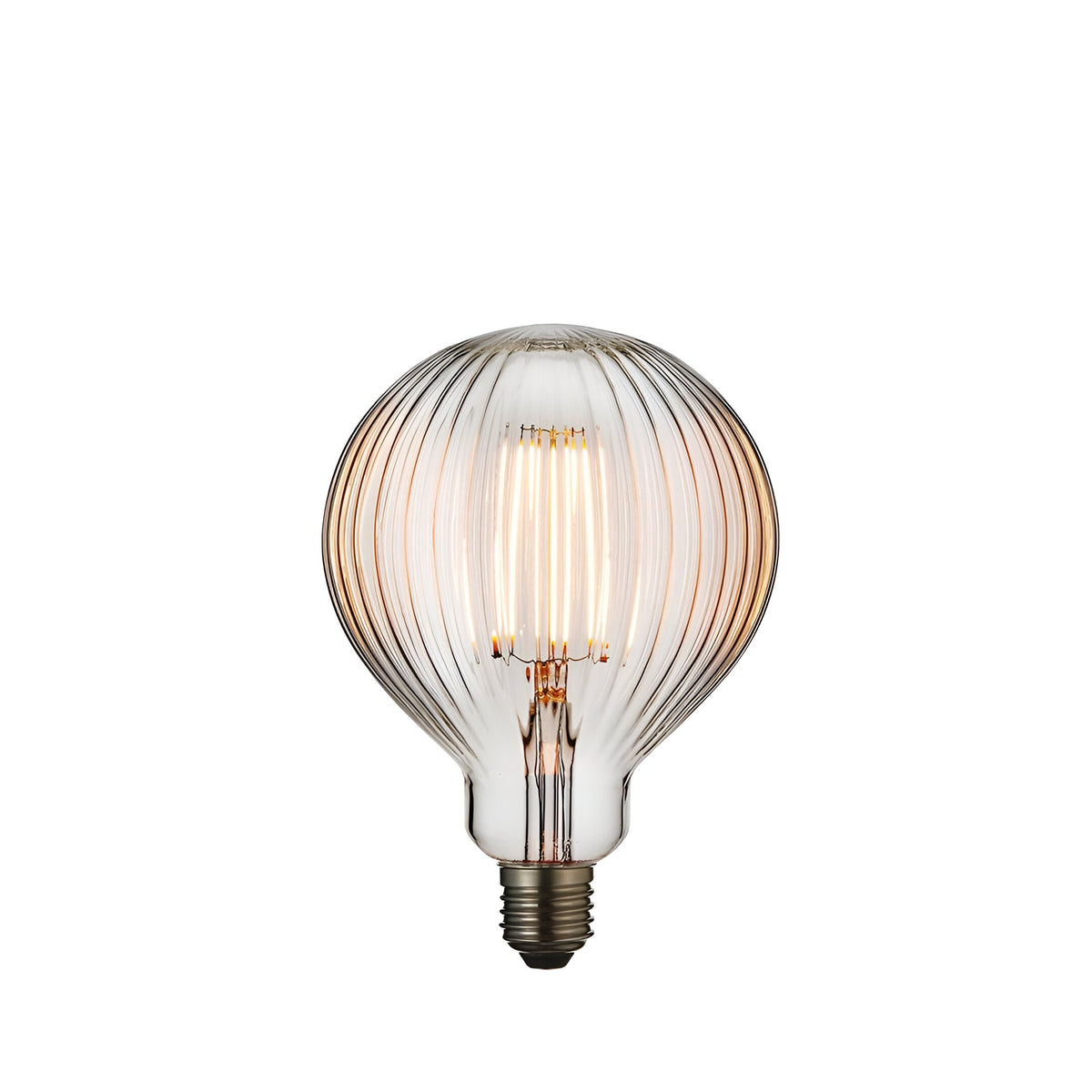 4W E27 LED filament ribbed globe bulb with clear ridged glass and visible warm white filament, E27 screw cap, shown on a plain white background.