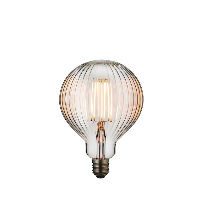 4W E27 LED filament ribbed globe bulb with clear ridged glass and visible warm white filament, E27 screw cap, shown on a plain white background.