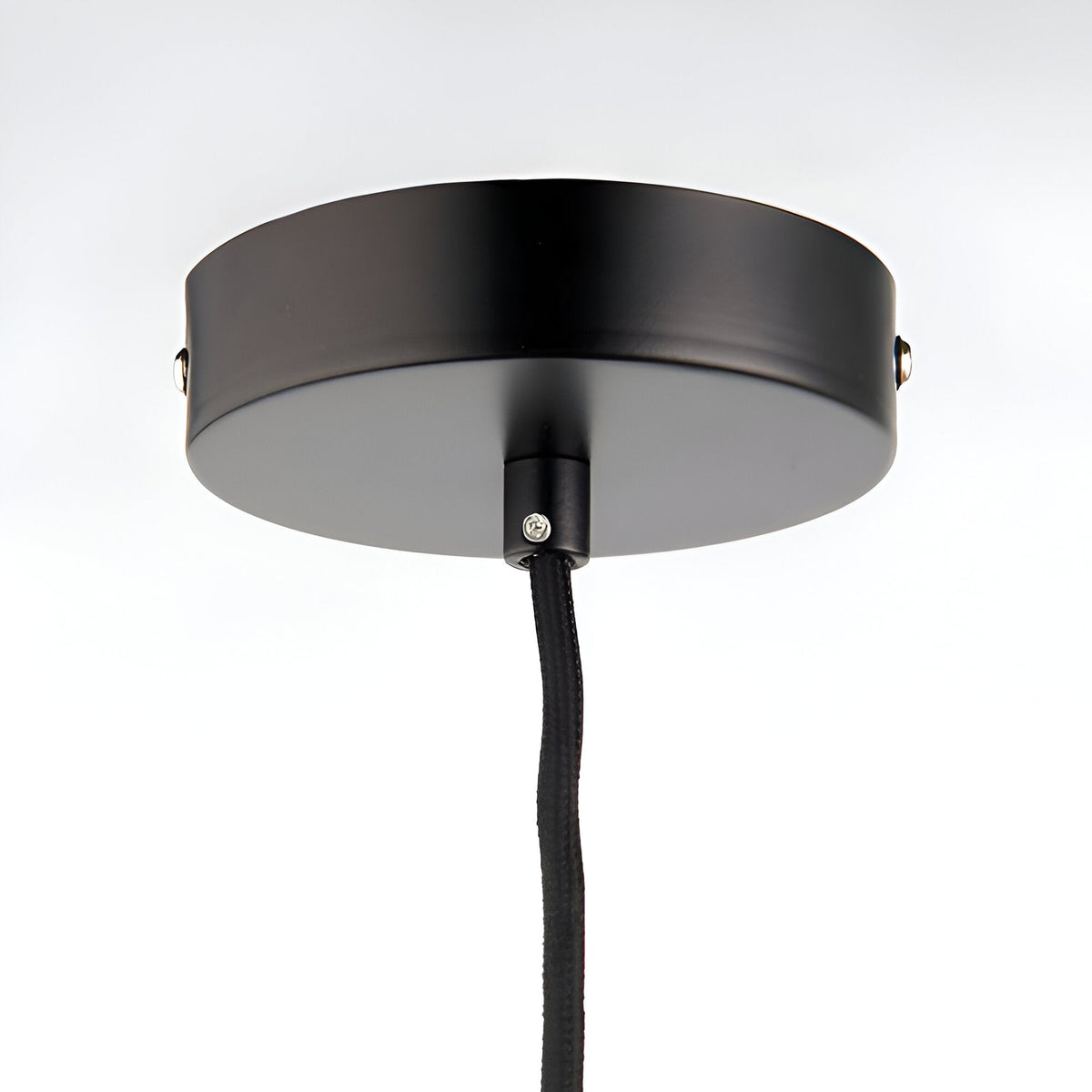 Endon Marlowe matt black ceiling rose with black fabric flex cable, part of the E27 pendant cable set, shown against a plain white background.