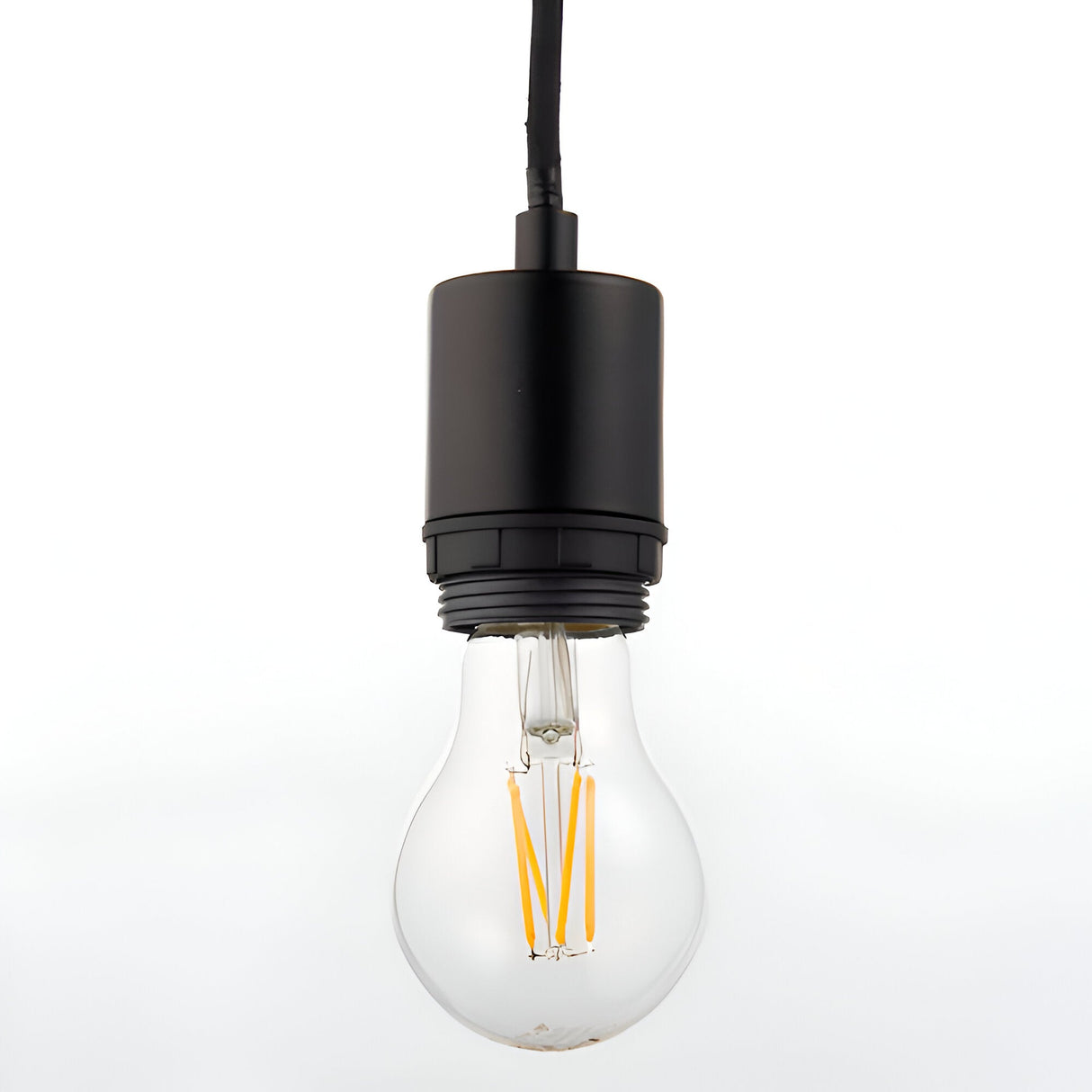 Endon Marlowe matt black pendant cable set with E27 lampholder, black flex and clear filament LED bulb, shown on a plain white background.