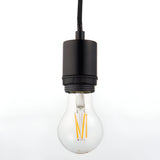Endon Marlowe matt black pendant cable set with E27 lampholder, black flex and clear filament LED bulb, shown on a plain white background.