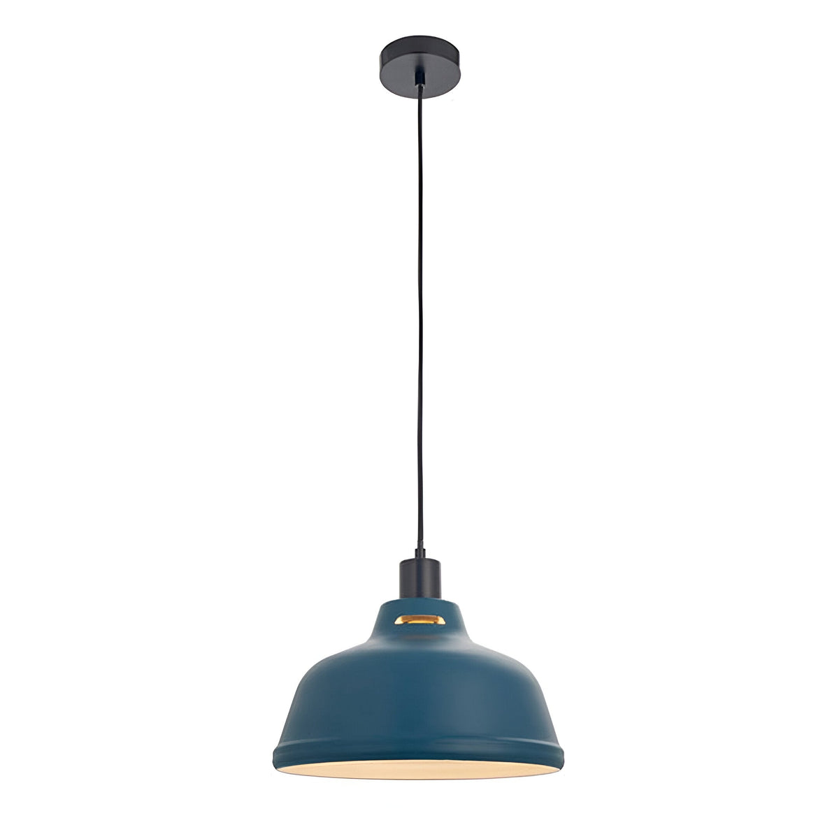 Endon Marlowe pendant cable set shown with a matt blue dome shade and black E27 lampholder on black flex with ceiling rose, on white.