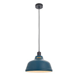 Endon Marlowe pendant cable set shown with a matt blue dome shade and black E27 lampholder on black flex with ceiling rose, on white.