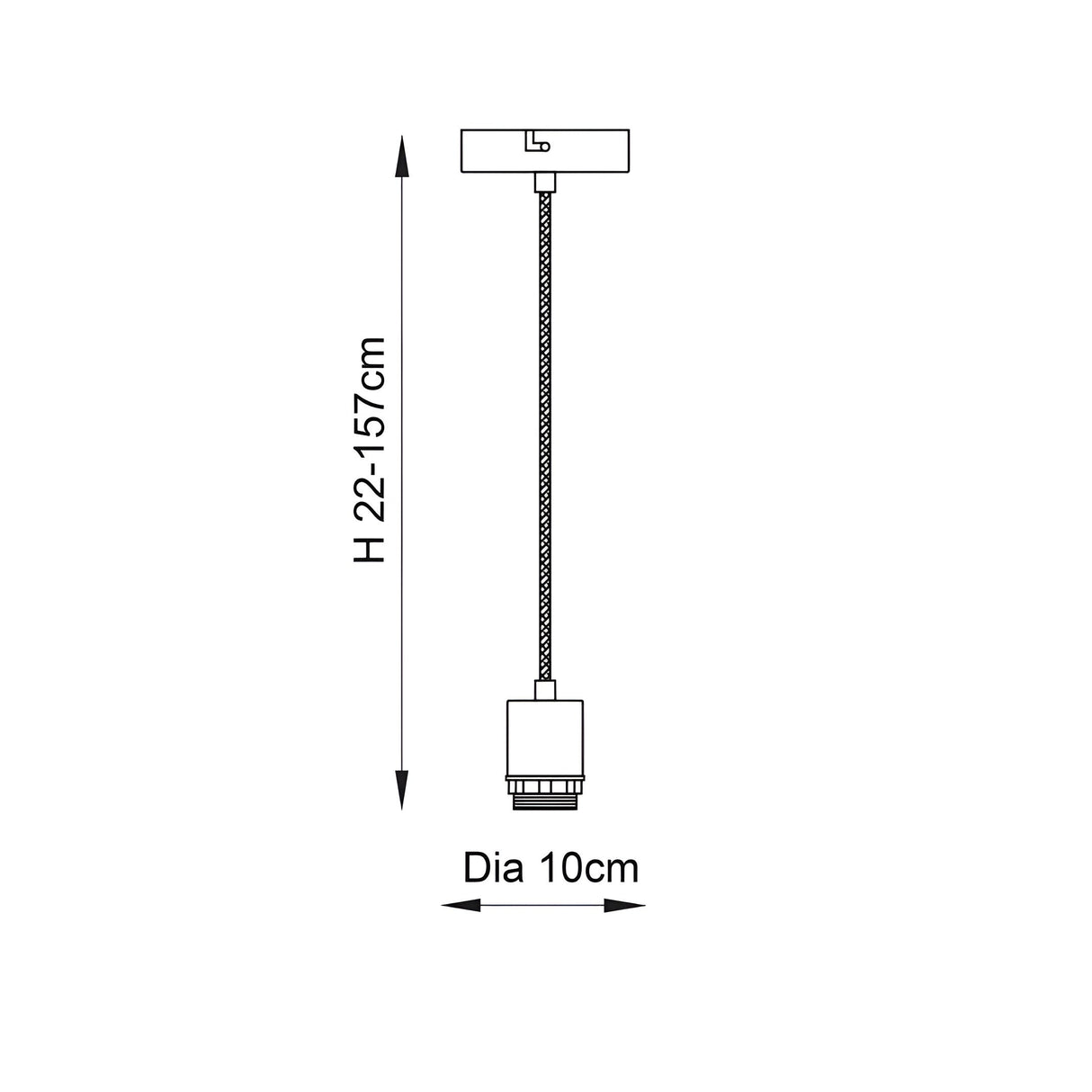 Dimension diagram of the Endon Marlowe Cable Set pendant showing a height range of 22–157 cm and a 10 cm diameter fitting on a white background.