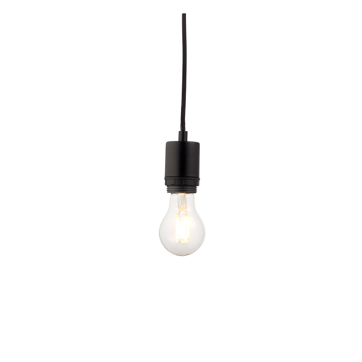 Endon Marlowe pendant cable set in matt black with E27 lampholder, black fabric flex and exposed filament LED bulb, shown on a plain white background.