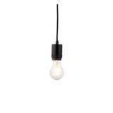 Endon Marlowe pendant cable set in matt black with E27 lampholder, black fabric flex and exposed filament LED bulb, shown on a plain white background.