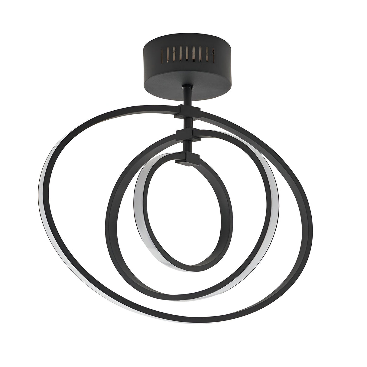 Endon Corso semi-flush ceiling light in matt black, featuring three interlocking integrated LED rings on a cylindrical mount, shown on a white background.