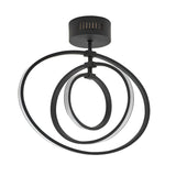 Endon Corso semi-flush ceiling light in matt black, featuring three interlocking integrated LED rings on a cylindrical mount, shown on a white background.