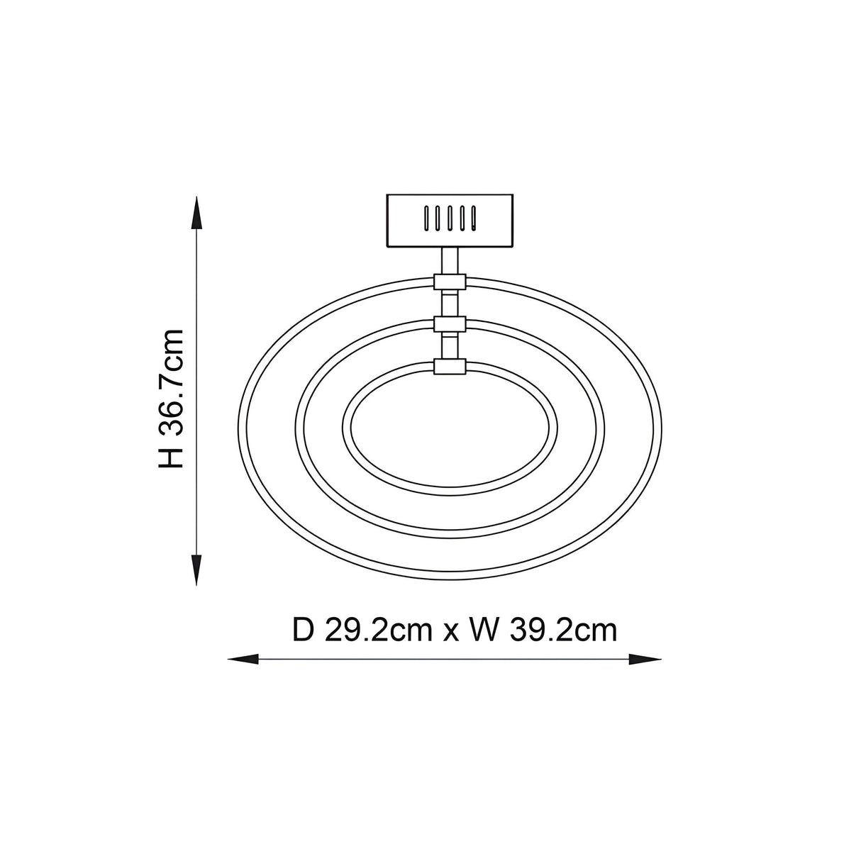 Dimension diagram of the Endon Corso LED semi-flush ceiling light showing 36.7cm height and 29.2cm by 39.2cm oval ring footprint.