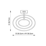 Dimension diagram of the Endon Corso LED semi-flush ceiling light showing 36.7cm height and 29.2cm by 39.2cm oval ring footprint.