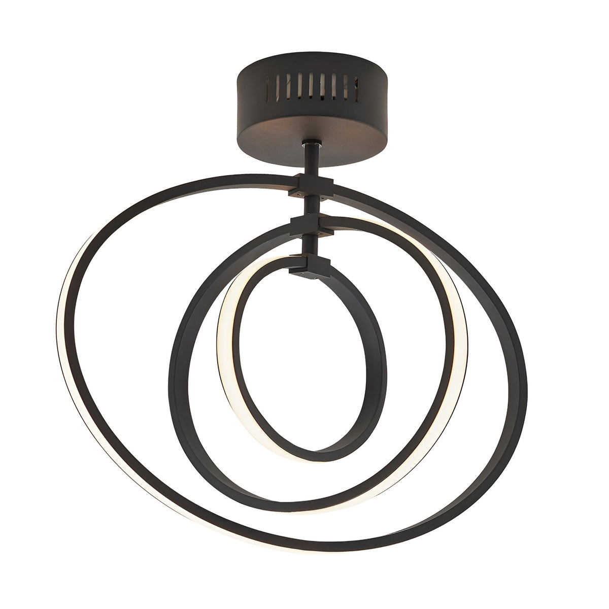 Endon Corso semi-flush ceiling light with three interlocking LED rings in matt black metal, shown against a plain white background.