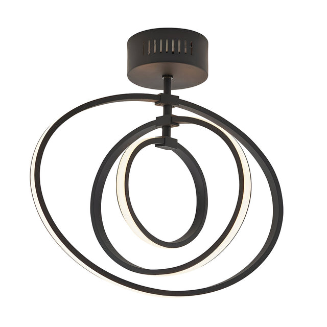Endon Corso semi-flush ceiling light with three interlocking LED rings in matt black metal, shown against a plain white background.