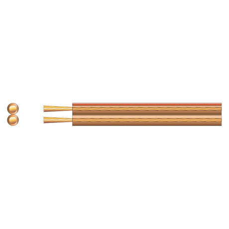 This illustration showcases the Mercury Economy Transparent Speaker Cable, 2 x 24 (100m), presenting a cross-section view of two brown, flexible cables containing numerous smaller copper strands. The front view highlights two circular copper wire ends, emphasizing the internal composition and quality of the CCA conductor within each 100m length.