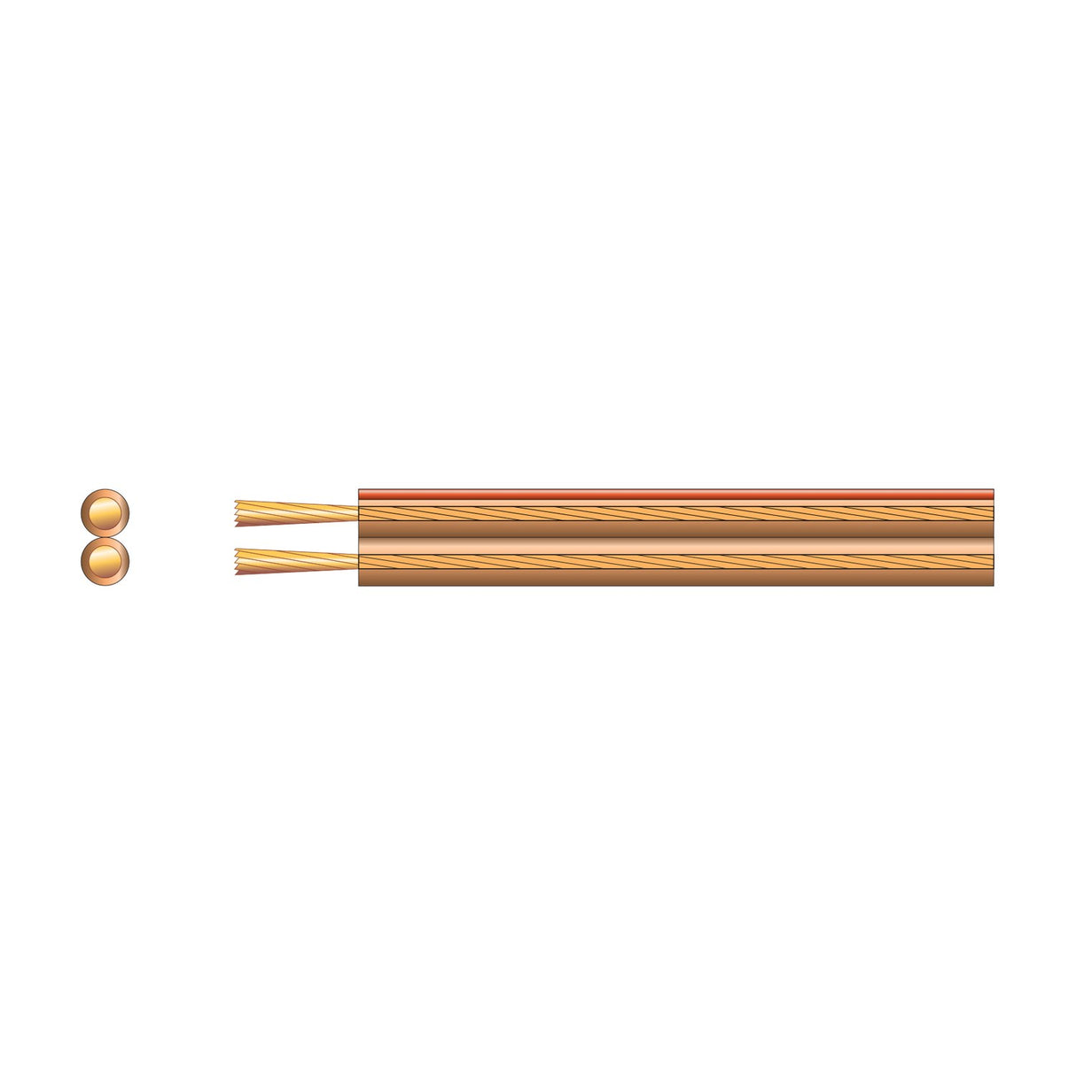 Mercury Economy 2-core speaker cable with transparent PVC sheath, copper-coloured stranded conductors, and figure-8 profile shown alongside cross-section view.