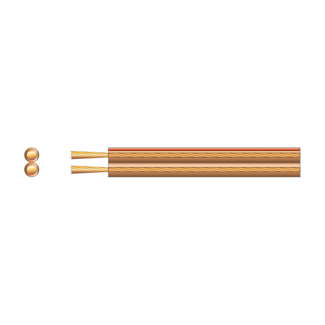 Mercury Economy 2-core speaker cable with transparent PVC sheath, copper-coloured stranded conductors, and figure-8 profile shown alongside cross-section view.