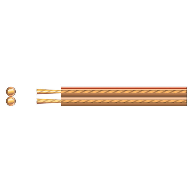 Illustration of the Mercury Economy Transparent Speaker Cable, 2 x 45 (100m), featuring a transparent sheath. The image depicts two copper-colored wires running parallel, with their protective insulation partially stripped to reveal the strands. A close-up circle on the side highlights the cross-section of the wire's CCA conductor.