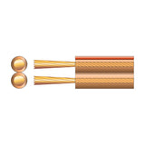 Mercury transparent 2.5mm² speaker cable shown in cross-section and cutaway view, revealing two stranded copper clad aluminium cores with a red polarity stripe.