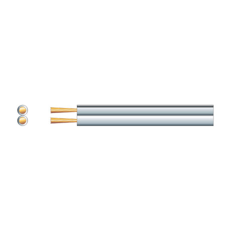 Mercury Figure 8 two-core speaker cable with white PVC sheath, exposed copper-clad aluminium strands, and a cross-section view on a white background.