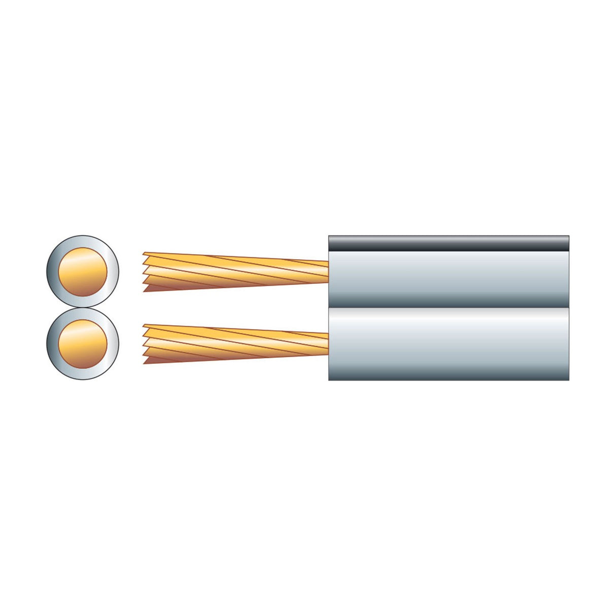 Mercury figure 8 white speaker cable showing two parallel PVC-sheathed cores with exposed copper-clad aluminium strands and end cross-section view.