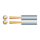 Mercury figure 8 white speaker cable showing two parallel PVC-sheathed cores with exposed copper-clad aluminium strands and end cross-section view.