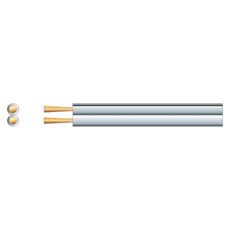 Description of the Mercury Economy Figure 8 Speaker Cable, which includes two conductors made of either copper wires or copper-clad aluminum encased in a white and black flat insulation. On the left, a cross-sectional diagram illustrates the circular arrangement of the conductors within the insulation and indicates polarity lines for clarity.