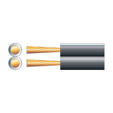 Mercury Figure 8 CCA speaker cable showing cross-section of twin conductors in black PVC sheath alongside exposed copper clad aluminium strands.
