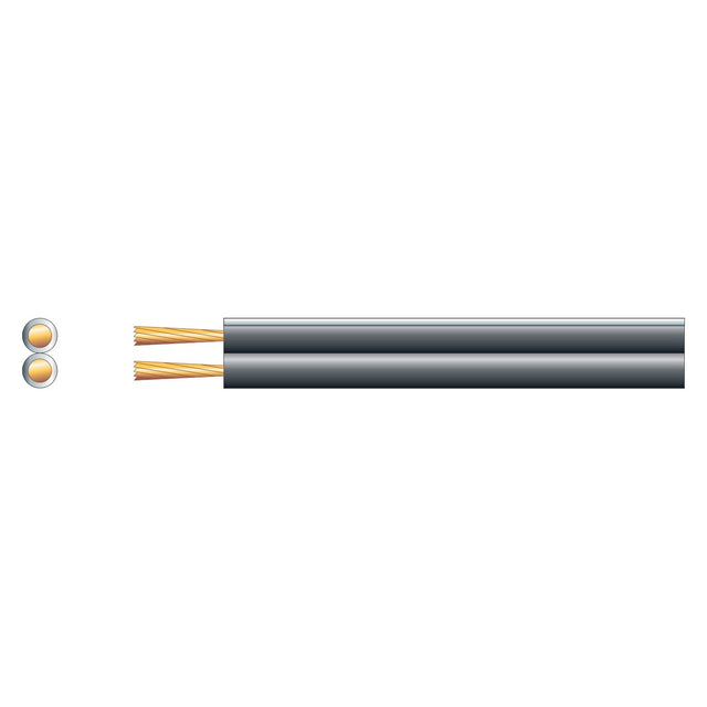 Illustration of a Mercury Economy Figure 8 Speaker Cable in Black/White, featuring two electrical wires with exposed copper strands. The wires run parallel, encased in black insulation. A cross-section view shows two inner copper conductors side by side, complete with a polarity line for easy identification.