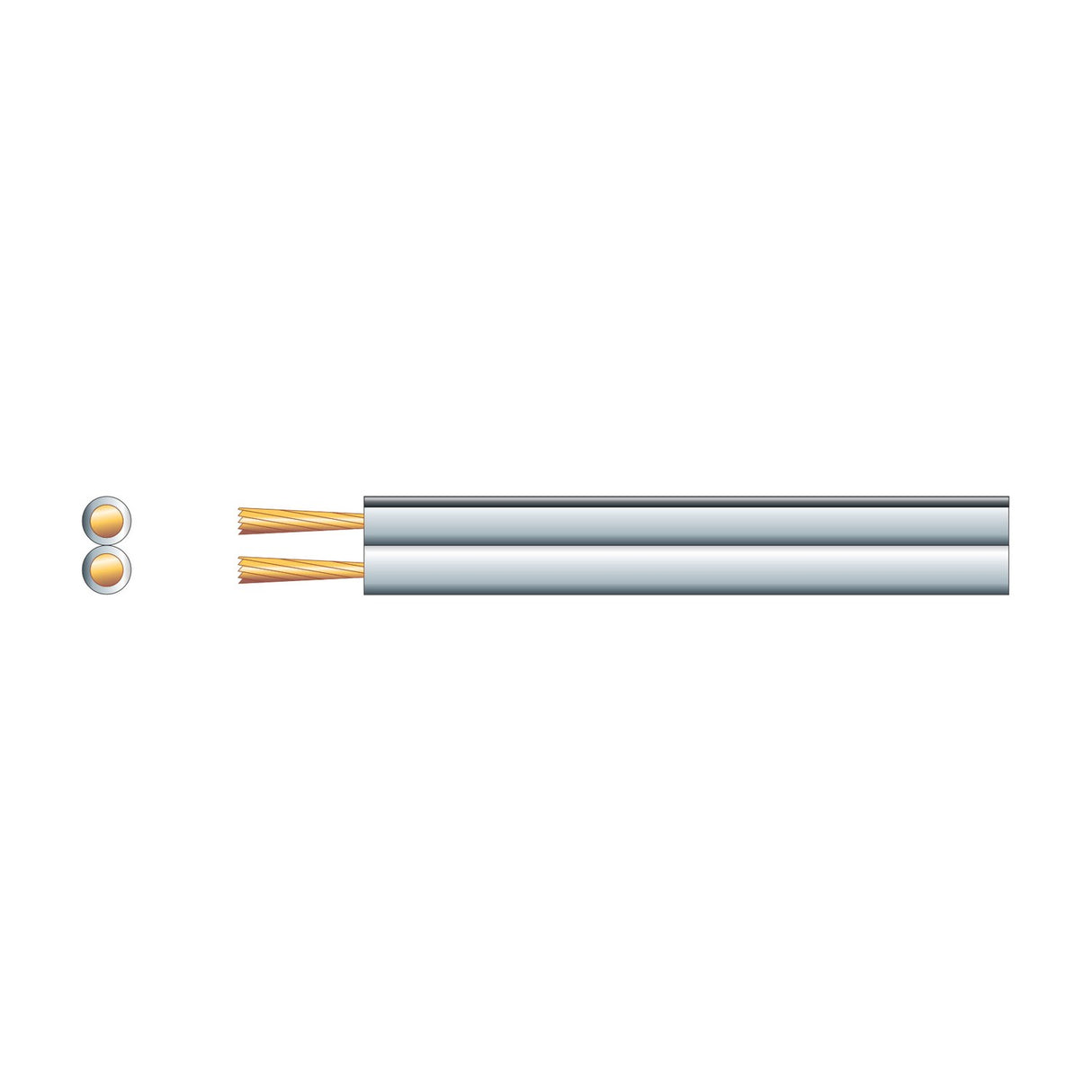 Mercury Economy figure 8 speaker cable with two parallel copper clad aluminium cores in a white sheath, shown with cross-section view.