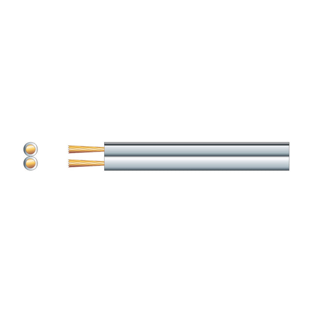Mercury Economy Figure 8 twin-core speaker cable by AVSL shown in side profile and cross-section with white sheath and exposed copper-clad aluminium strands.