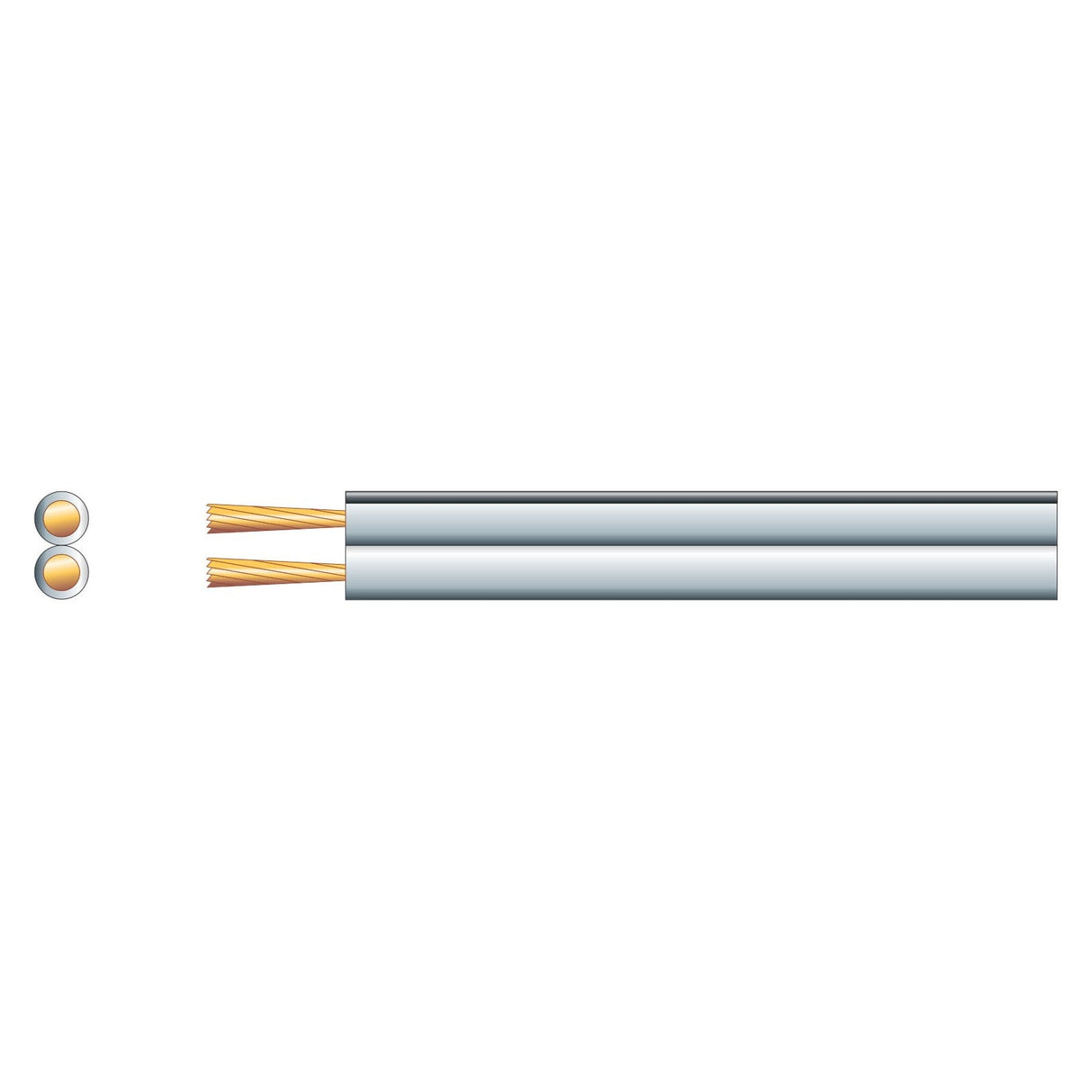 Illustration of a cutaway view of the Mercury Economy Figure 8 Speaker Cable, 2 x 7, White/Black (100m), featuring an outer black and white sheath with two copper conductors. On the left, a cross-section view highlights the conductors encased within the sheath, with polarity line indication clearly marked for clarity.