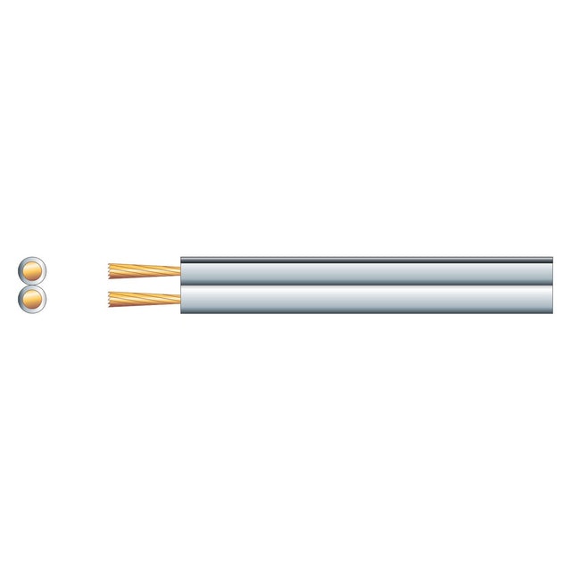 Illustration of a cutaway view of the Mercury Economy Figure 8 Speaker Cable, 2 x 7, White/Black (100m), featuring an outer black and white sheath with two copper conductors. On the left, a cross-section view highlights the conductors encased within the sheath, with polarity line indication clearly marked for clarity.