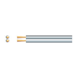 Mercury figure 8 white twin-core speaker cable diagram showing cross-section of two copper strands and side view of the parallel sheathed conductors.