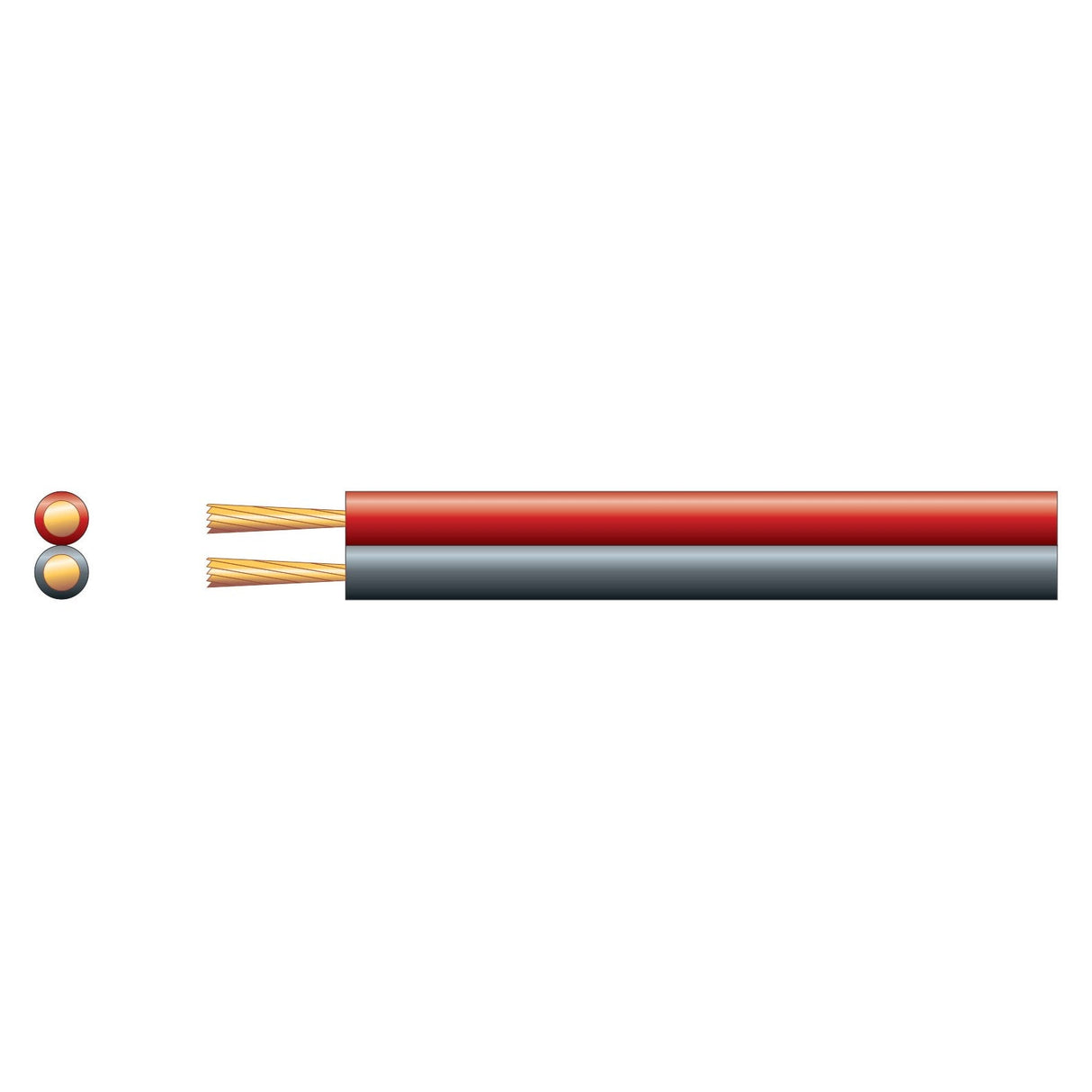 Image of the Mercury Econ Fig 8 Speaker Cable, showcasing two adjacent wires enclosed in a PVC outer sheath—one red and one black. The cables are made up of multiple thin copper strands. On the left, a cross-section view highlights the vivid colors.