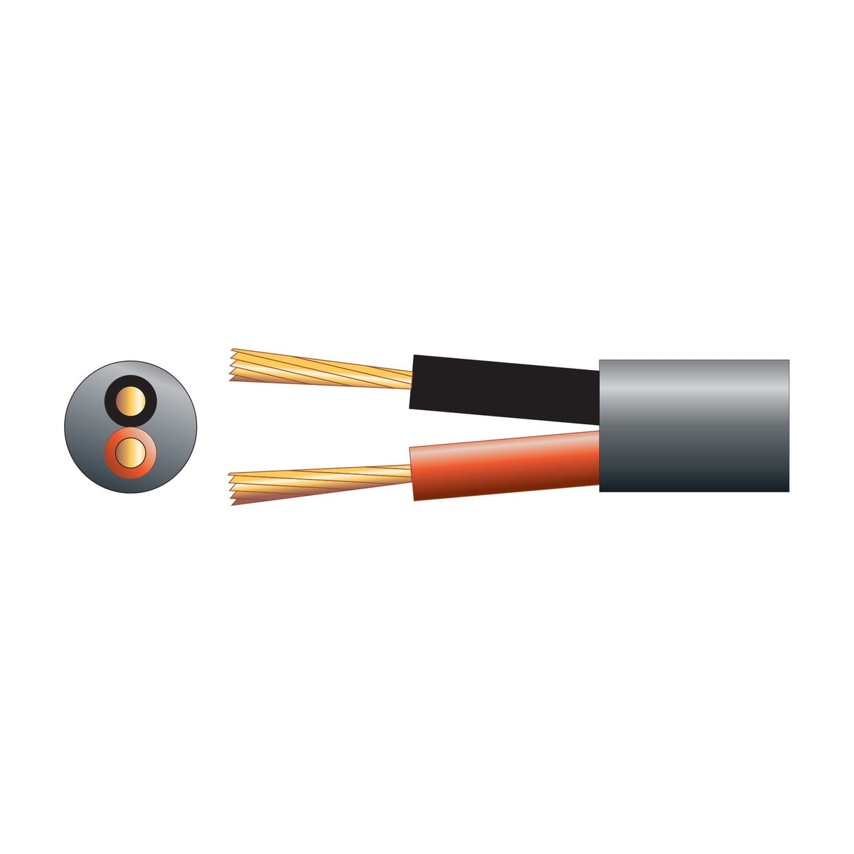 Cross-section and cutaway of AVSL Mercury Hi-Flex double insulated 2-core 0.75mm² speaker cable with black and red PVC conductors and copper strands.