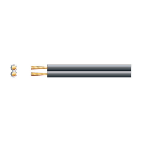 Mercury Figure 8 black 2-core speaker cable with exposed copper-clad aluminium strands and cross-section view, on a plain white background.