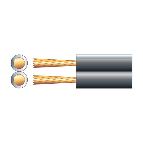 Mercury Figure 8 two-core speaker cable by AVSL with black PVC sheath, exposed copper-clad aluminium strands, and cross-section view on a white background.