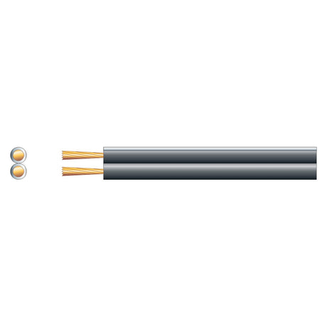 Illustration of a cross-section of the Mercury Economy Figure 8 Speaker Cable, 2 x 26, Black/White (100m). It features two copper wires that may be copper clad aluminum, encased in a black rectangular insulating material with a polarity line indication. The wires are shown on the left as two copper-colored circles.