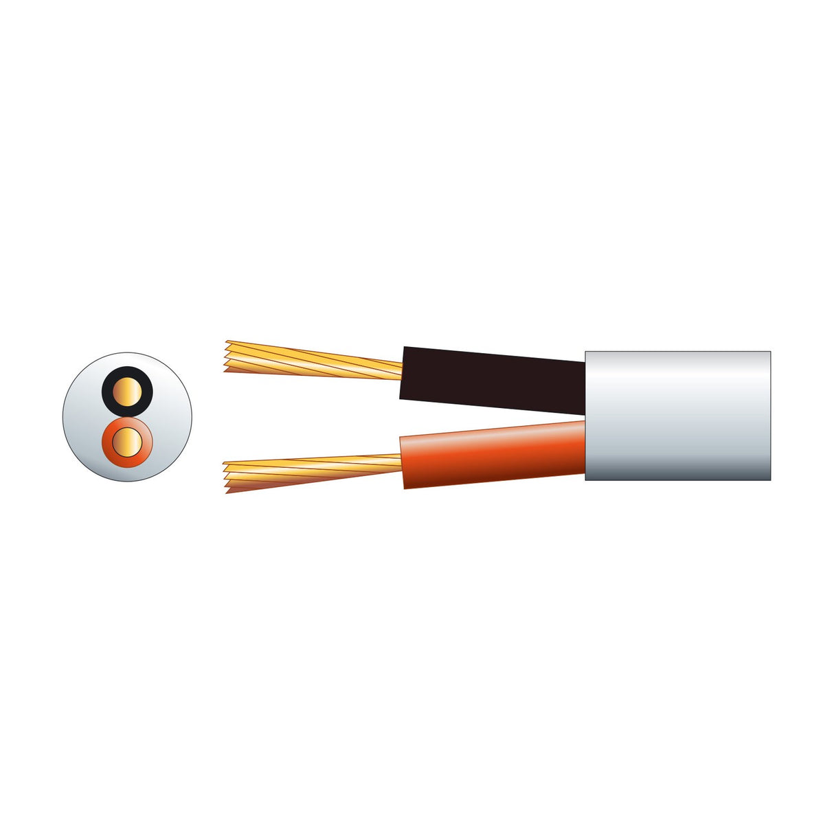 Cutaway view of AVSL Mercury white double-insulated 2-core 0.75mm² speaker cable showing black and red inner cores with exposed copper strands.