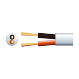 Cutaway view of AVSL Mercury white double-insulated 2-core 0.75mm² speaker cable showing black and red inner cores with exposed copper strands.