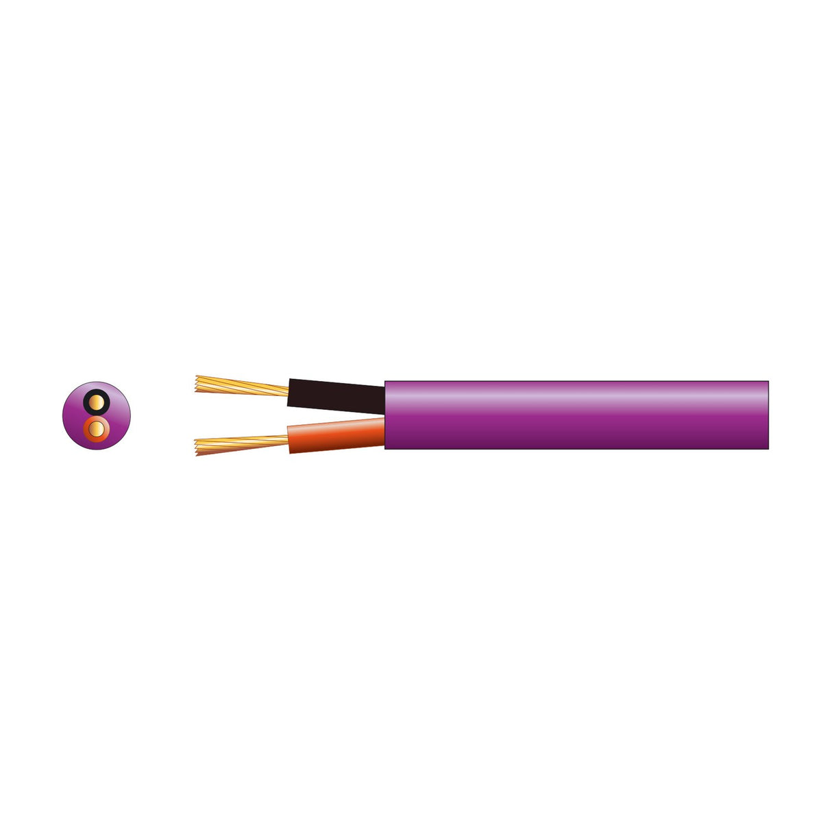 AVSL Mercury Hi-Flex 2-core speaker cable in purple LSZH sheath with exposed black and red copper conductors, shown with cross-section on a white background.