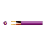 AVSL Mercury Hi-Flex 2-core speaker cable in purple LSZH sheath with exposed black and red copper conductors, shown with cross-section on a white background.