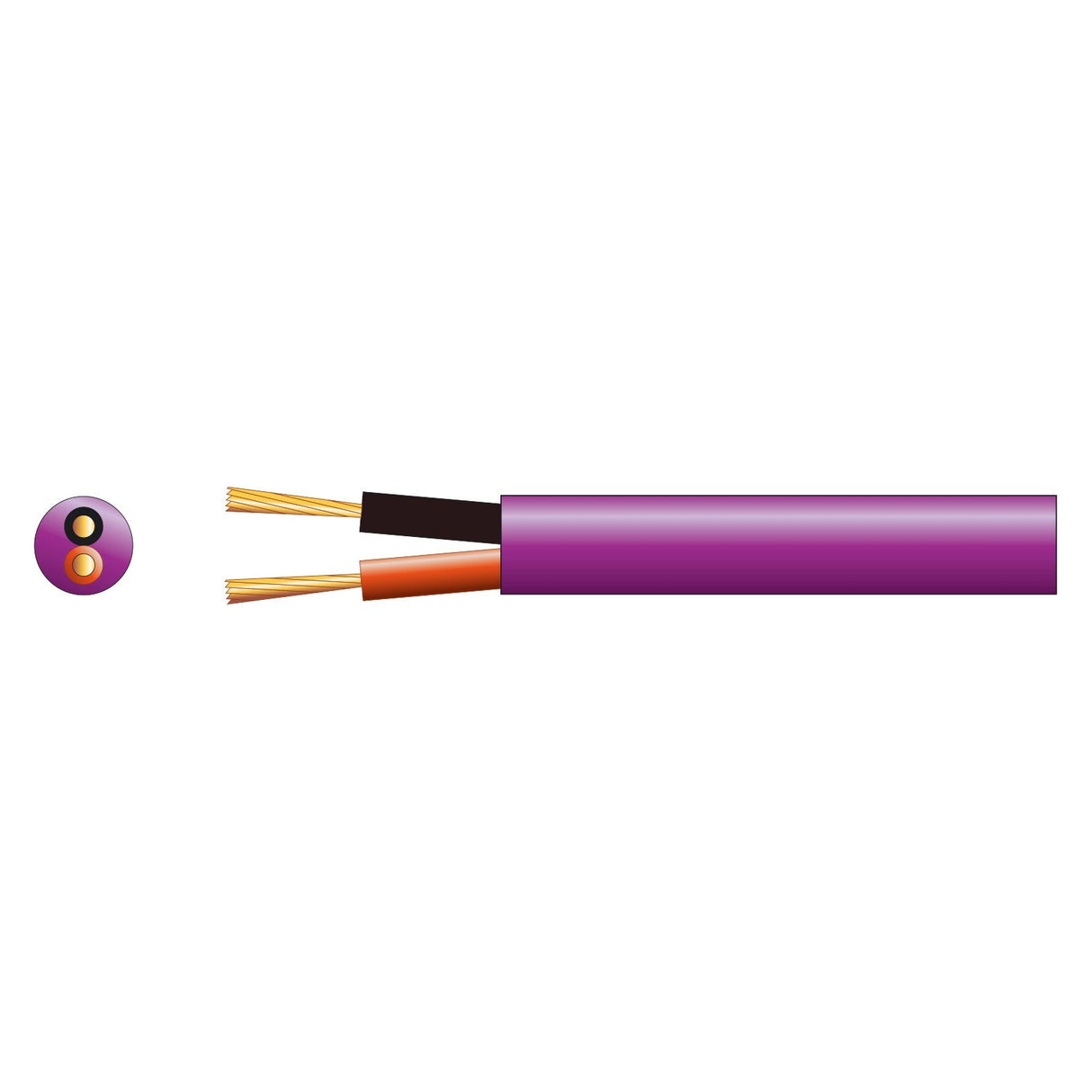 Depiction of a cross-section of the Mercury Hi Flex LSZH Speaker Cable, 2 x 24 in purple, featuring two oxygen-free copper wires. The wires are encased in low smoke zero halogen insulation with distinct orange and black coatings shown individually on the left and encompassed within the cable on the right.