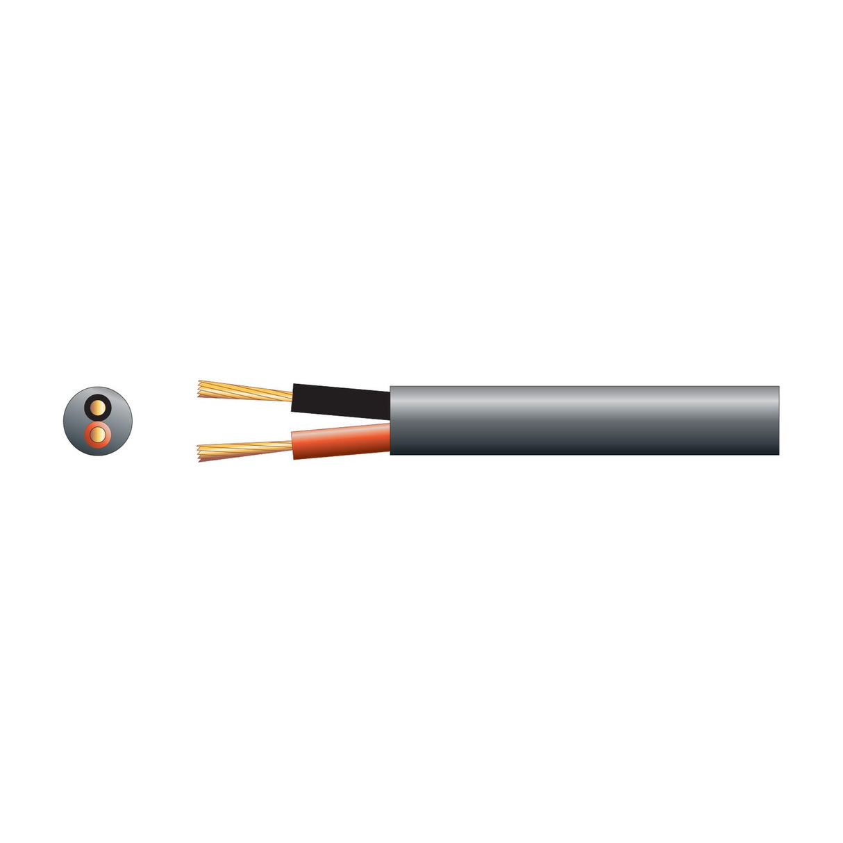 AVSL Mercury 2-core speaker cable in black double-insulated PVC sheath, shown with cross-section revealing red and black copper-stranded conductors.