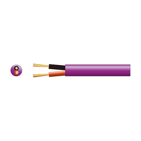 AVSL Mercury 2 x 48 strand LSZH speaker cable in purple, shown with exposed black and red inner conductors and a cross-section view on a white background.